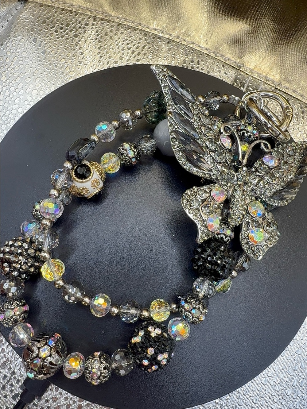 Rhinestone Butterfly Beaded Bagchain - Black and Silver Sparkle